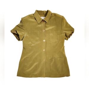 Chaus Silk Button Blouse Women’s Size 14 Olive Green Short Sleeve